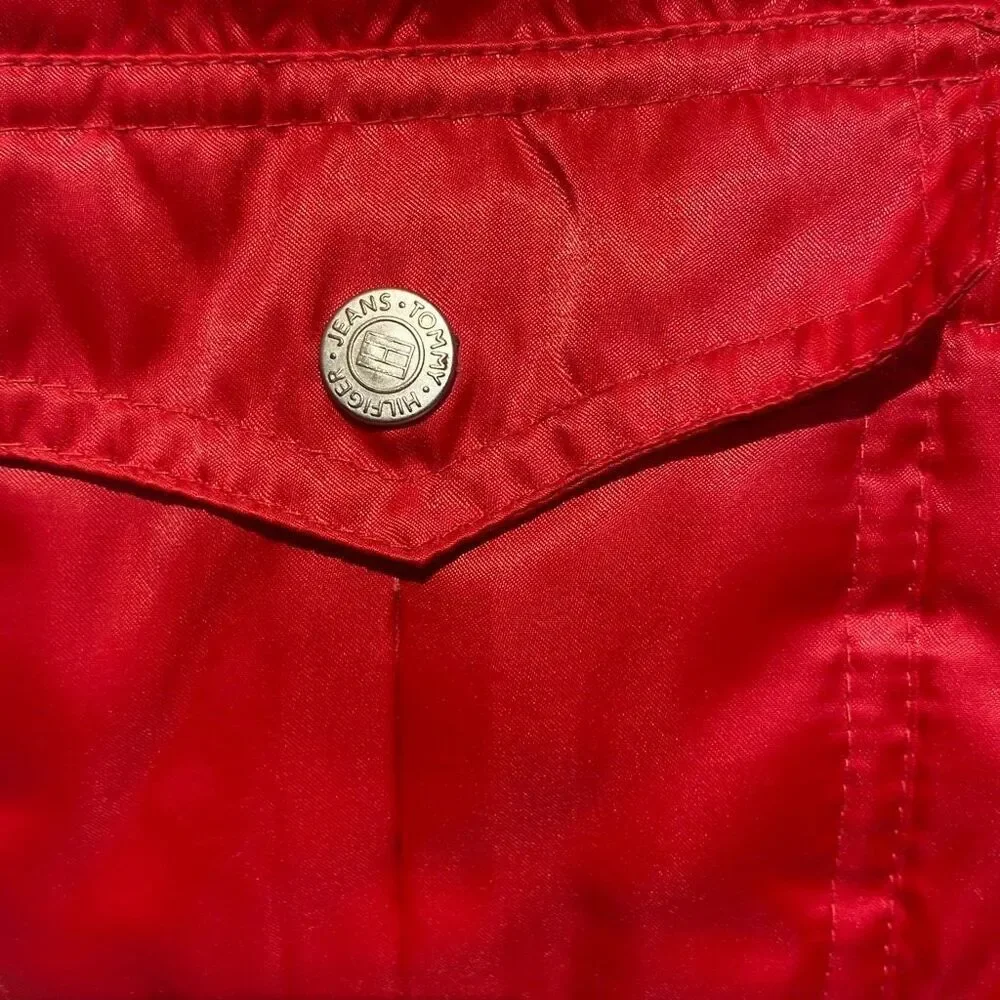 Vintage Tommy Jeans Women's Red Satin Collared Full Zip Puffer‎ Vest Medium